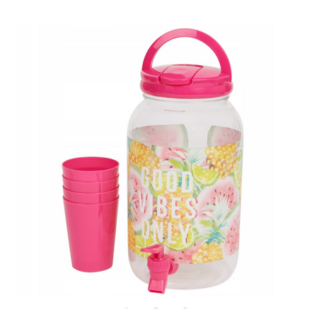 Limonadetap Met Tropische print met 4 bekers - Good Vibes Only - Roze / Transparant - Kunststof - 4 Liter 