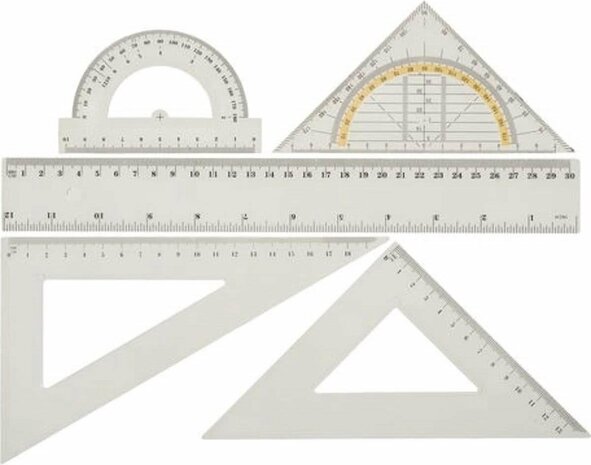 Liniaalset - Transparant - Kunststof - Set van 5 - Meten is Weten - Ruler set piece -  Geometische Set - Geodriehoek - Gradenbo