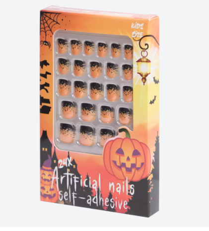 Nepnagels Halloween Kids - Kunststof - Oranje / Zwart - 24 Nagels met Lijm - Almond Shape - Plak nagels - Kunstnagels - nepnagels - Voor kinderen - Articicial 