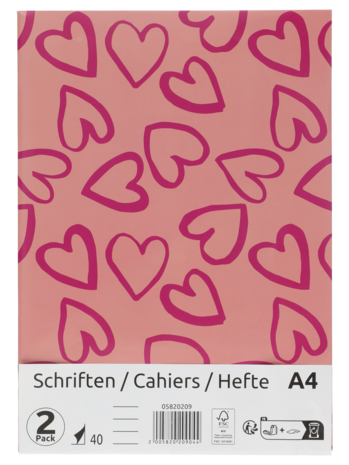 Schriften gelijnd A4 HEART- Roze - Papier  - 2 Stuks - 40 Pagina's - Schoolschrift - Schrift - Back To School - School - K