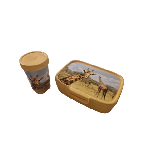 Lunchbox met drinkbeker met draaideksel Curver - Giraf / Giraffe Thema - Geel - Lunchtrommel inhoud 1.3 liter en beker 400 ml -