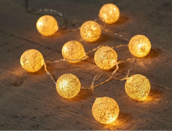 Verlichting goud lichtsnoer met 10 balletjes op batterijen - feestverlichting/kerstverlichting op batterij