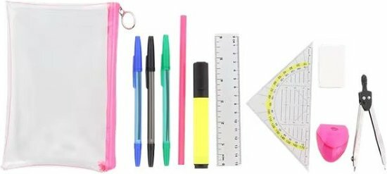 Schrijfset / Stationery Set Roze - - Set van 10 met oa etui, potloden, pen, liniaal gum en meer - Examen Etui - Schoolcampus - 