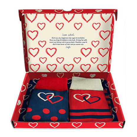 Valentijn hartjes sokken geschenkset - Blauw / Rood - set van twee sokken - cadeauset 