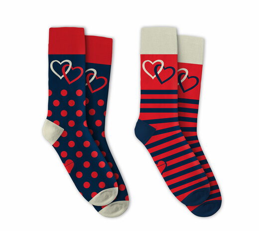 Valentijn hartjes sokken geschenkset - Blauw / Rood - set van twee sokken - cadeauset 