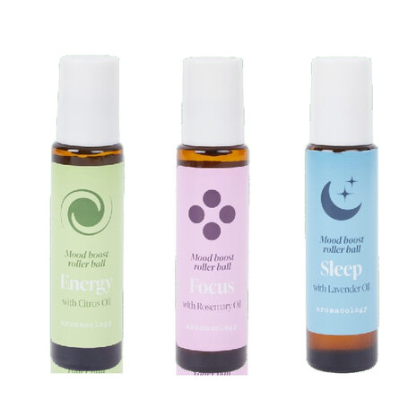 Mood boost roller ball set van 3 FOCUS / ENERGY / SLEEP met Rosemary / Citrus / Lavender oil - Paars / Groen / Blauw - 10 ml - 