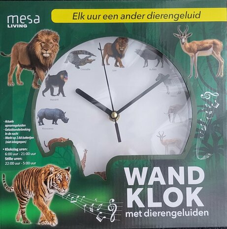 Klok met dierengeluiden - Mulitcolor - Kunststof - Elk uur een ander dierengeluid - Wandklok met wilde dieren geluiden