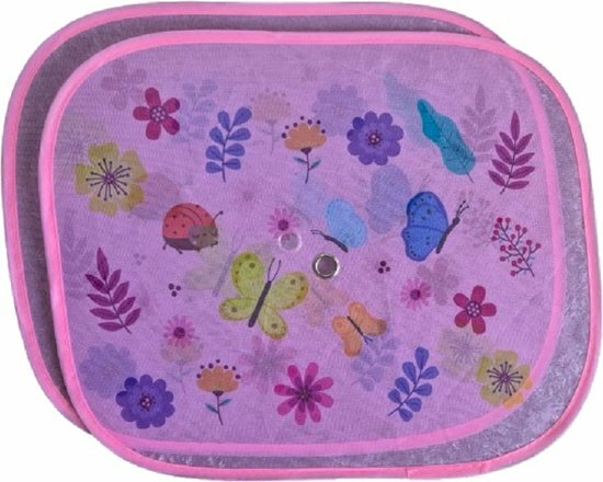 Autozonneschermen roze voor kinderen 37x45 cm - set van 2 opvouwbare zonneschermen - zonnescherm voor auto met bloemen en vlind