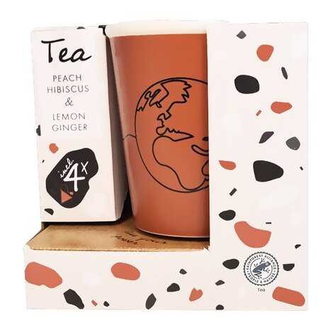 Design Mok met thee in geschenkdoos (Peach Hibiscus &amp; Lemon Ginger) - Oranje - Porselein - Wereldbol print - Kunst