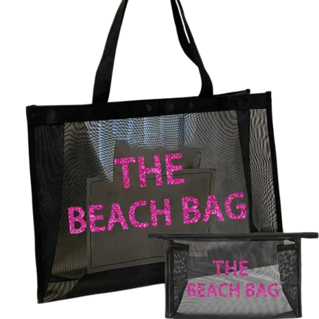 Make up tas / Toilettas - THE BEACH BAG - Zwart / Roze  - Nylon / Mesh - 18 x 7 x 13 cm -  The beach bag - Hoogwaardig - Doorzi