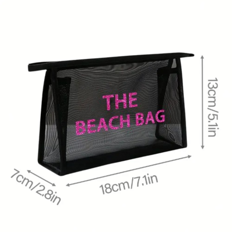 Make up tas / Toilettas - THE BEACH BAG - Zwart / Roze  - Nylon / Mesh - 18 x 7 x 13 cm -  The beach bag - Hoogwaardig - Doorzi