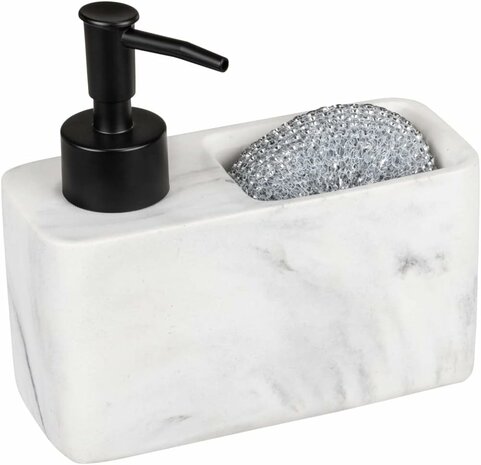 Luxe Marmer look Zeepdispenser met bakje - Wit/ Grijs - Polyresin - 14,5 x 6 x 13,5 cm - Met handige voor Sponsjes - Afwasmiddeldispenser Marmerkleurig, zeepdispenser voor de keuken in marmerlook met handig sponsvak, , v