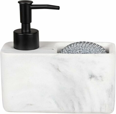 Luxe Marmer look Zeepdispenser met bakje - Wit/ Grijs - Polyresin - 14,5 x 6 x 13,5 cm - Met handige voor Sponsjes - Afwasmiddeldispenser Marmerkleurig, zeepdispenser voor de keuken in marmerlook met handig sponsvak, , v