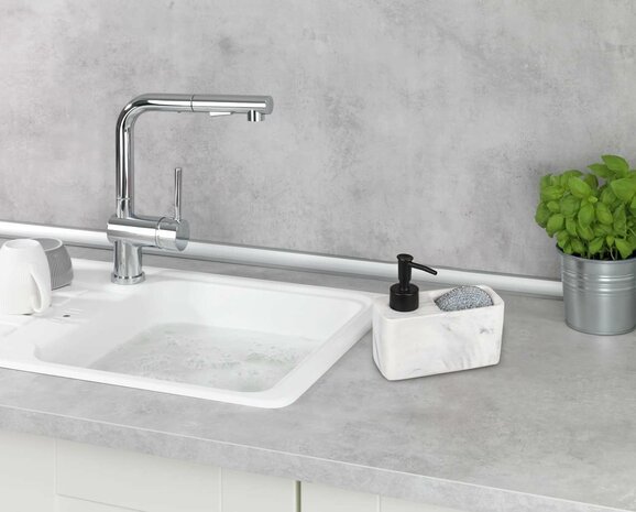 Luxe Marmer look Zeepdispenser met bakje - Wit/ Grijs - Polyresin - 14,5 x 6 x 13,5 cm - Met handige voor Sponsjes - Afwasmiddeldispenser Marmerkleurig, zeepdispenser voor de keuken in marmerlook met handig sponsvak, , v