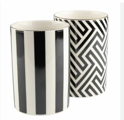 Luxe Mokken TATE - Set van 2 - Streep en Gevormd - Zwart / Wit - 11,5cm x 7 cm - Design Koffiemokken Porselein - Moderne Kerami