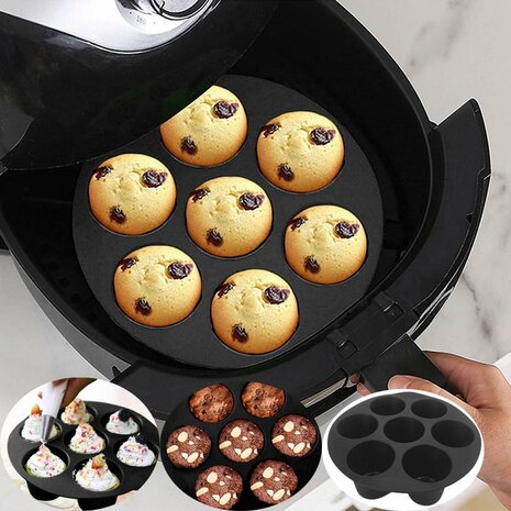 Airfryer Siliconen Mini Cupcake bakvorm - 17CM - Zwart - 7 cupcakes in 1 vorm - Mini cupcakes - Kleine cupcakes