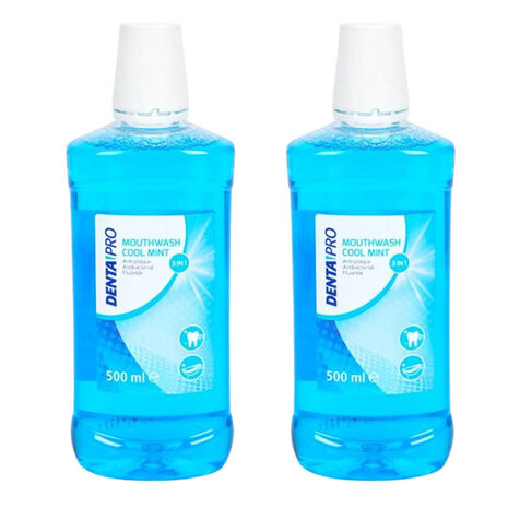 Mondwater - COOL MINT- 3 in 1 -500 ml - Set van 2 flessen -  Anti plak - Antibacterieel - Fluoride - Alcoholvrij