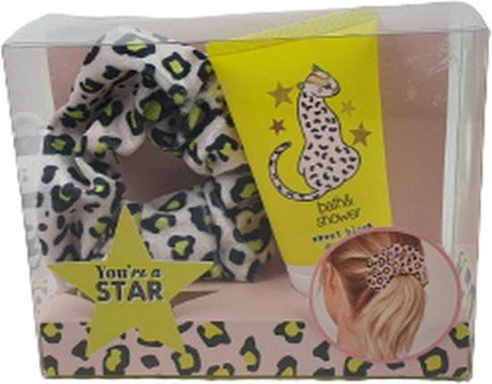 Haar giftset Panter Design &quot;You&#039;re A Star&quot; - Haar Scrunchie / Bad- en Douchegel - Geel / Roze - Kunststof / Douc