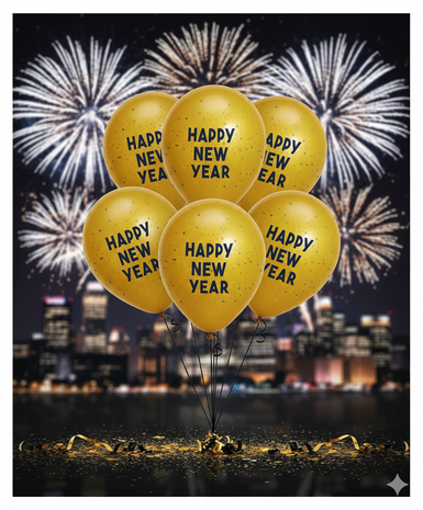 Ballonnen "Happy New Year" - Goud / Zwart - Kunststof - Set van 6 - Oud en Nieuw - Oudjaar - 31 december - Feest 