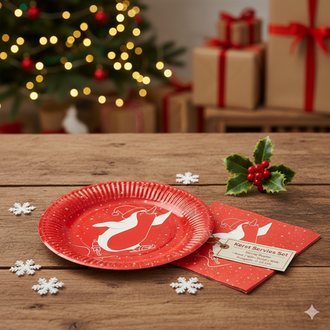 Kerst servies - Borden & servetten - Stevig Papier - Rood / Wit - Winter Pinguin - &Oslash; 20 cm - Set van 6 -  Gebak - Diner - 