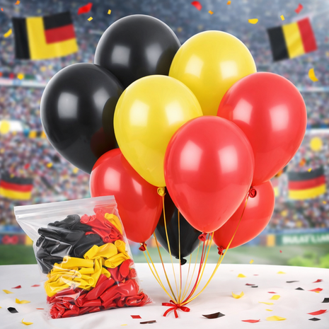 Ballonnenboog Belgi&euml; / Duitsland &ndash; 24 Knoopballonnen in Zwart Geel Rood &ndash; Feestdecoratie voor EK, WK & ThemafeestenA