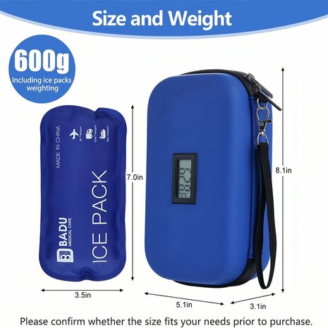 Insuline & Peptide Koeltas Reisetui met Temperatuurdisplay & 2 Herbruikbare Koelpacks &ndash; Blauw3