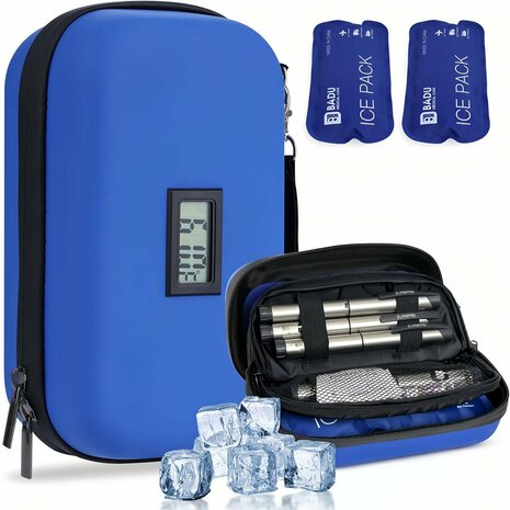 Insuline & Peptide Koeltas Reisetui met Temperatuurdisplay & 2 Herbruikbare Koelpacks &ndash; Blauw