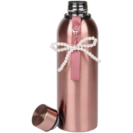 Thermofles / Isoleerfles JUTTA met parelstrik - Metaal - Ros&eacute; - Warme en koude dranken - 500 ML - lekvrije schroefdop - Sportf
