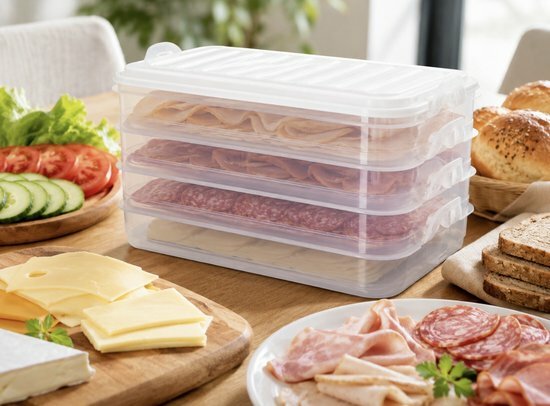 Vleeswarendoos met 4 lagen KAASSIE - 4 x 0.75 L - Wit / Transparant - Kunststof - 15,5 x 23 x 12,5 cm - Beleg - Kaas - Belegbox