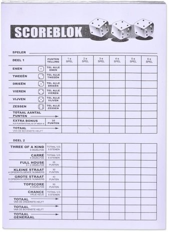 Yahtzee Scoreblok + 10x Witte Dobbelstenen - Spel voor op Reis - Scoreblock - Dobbelspellen