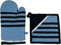 Ovenwant en pannenlap set met streep motief ELLE - Blauw / Zwart - Katoen - One Size - Set van 2 - Koken - Bakken - Keuken