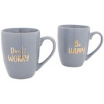 Don't Worry Be Happy Beker / mokkenset - Grijs / Goud - set van 2 - Giftset