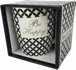 Drinkbeker - Met tekst ''Be happy'' - Zwart / Wit / Goud - keramiek Drinkbeker - Met tekst ''Be happy'' - Zwart / Wit / Goud - keramiek