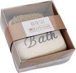 Bad essentials setje geschenkset - Spons / Schrobber / Bruisbal - Wit / Donkergeel - Hout / Kunststof - 12 x 5 x 14 cm Bad essentials setje geschenkset - Spons / Schrobber / Bruisbal - Wit / Donkergeel - Hout / Kunststof - 12 x 5 x 14 cm