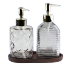 Luxe Zeepdispenser RIVER - Set van 2 - Blauw / Goud - Transparant - Houten Plankje Glas - 18 x 7 cm – Moderne Handzeepdi