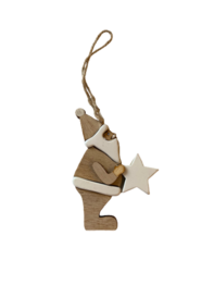 Kersthanger - Kerstman met ster - Bruin / Wit - Hout - 7 x 1 x 18,5 cm