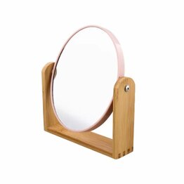 Spiegel met bamboe basis - Roze -  Kunststof - Glas - Bamboe - ⌀ 18 x 21 cm 