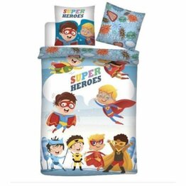 Dekbedovertrek super heroes - 140 x 200 cm - Dekbedovertrek - Polyester - Blauw - Kussensloop - Dekbed - Overtrek