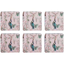 Roze Onderzetters Met Pauw - 6 stuks - Kurk - 9,5 x 9,5 cm - Tafeldecoratie - Onderzetter