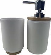Badkamerset zeeppomp en tandenborstelhouder FELINE - Wit / Lichtbruin - Kunststof / Bamboe - Set van 2