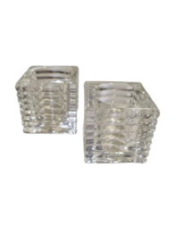 Design Geribbeld glazen theelichthouder KRISTIAN - Transparant - Set van 2 - 6 x 6 x 6 cm - Vierkant - Uitstekende solide Horecakwaliteit - Waxinelichtjes 