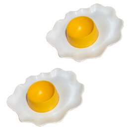 Eierdophouder met spiegelei motief - Wit / Geel - Kunststof - Set van 2 - Eieren - Eten - Pasen