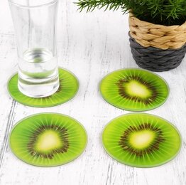 Luxe onderzetter FRUIT Kiwi - Multicolor - Glas - Ø 9 cm - Set van 4 - Rond