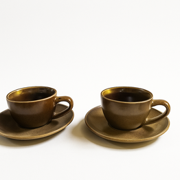 Kopje met Schotel FAMKE - Vintage Bruin - Keramiek -⌀ 8,5 cm - Schaaltje ⌀ 15 cm - Set van 2 - Thee Kopje