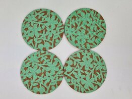 Onderzetters met bloemenprint PAULA - Blauw / Bruin - Rond - Kurk - Set van 4