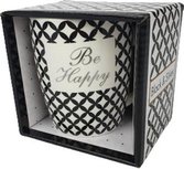 Drinkbeker - Met tekst ''Be happy'' - Zwart / Wit / Goud - keramiek Drinkbeker - Met tekst ''Be happy'' - Zwart / Wit / Goud - keramiek