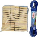 Knijpers met waslijn - Bruin / Blauw - Hout / Metaaldraad - Extra stevig - 48 knijpers - 20m draad Knijpers met waslijn - Bruin / Blauw - Hout / Metaaldraad - Extra stevig - 48 knijpers - 20m draad