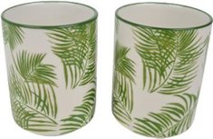 Mok zonder oor Bladmotief - Groen / Wit - Keramiek - Ø 6.5 x 8 cm - Maat S - Set van 2 Mok zonder oor Bladmotief - Groen / Wit - Keramiek - Ø 6.5 x 8 cm - Maat S - Set van 2
