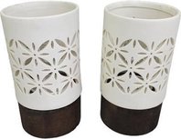 Theelichthouder MIRANDA - Wit / Donkerbruin - Keramiek / Hout - Ø 7.5 x h 14 cm - Set van 2 Theelichthouder MIRANDA - Wit / Donkerbruin - Keramiek / Hout - Ø 7.5 x h 14 cm - Set van 2