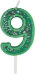 Taart versiering cijfer 9 kaars - Verjaardag - Groen - Glitter - Wax - 4 x 3 cm Taart versiering cijfer 9 kaars - Verjaardag - Groen - Glitter - Wax - 4 x 3 cm